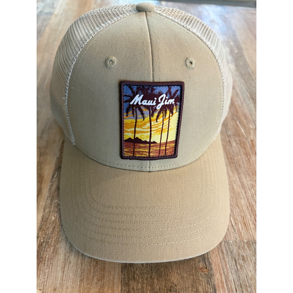 Maui Jim Tan Khaki Mesh Trucker Hat Sunset Palm Tree Patch Adjustable Cap Unisex